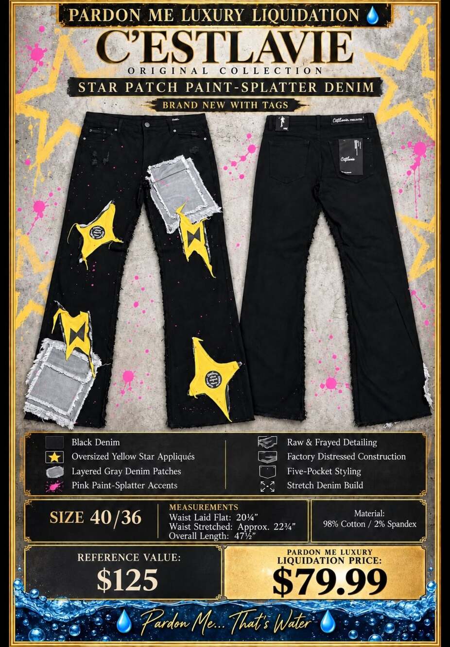 C’estlavie Original Collection Star Patch Paint-Splatter Jeans